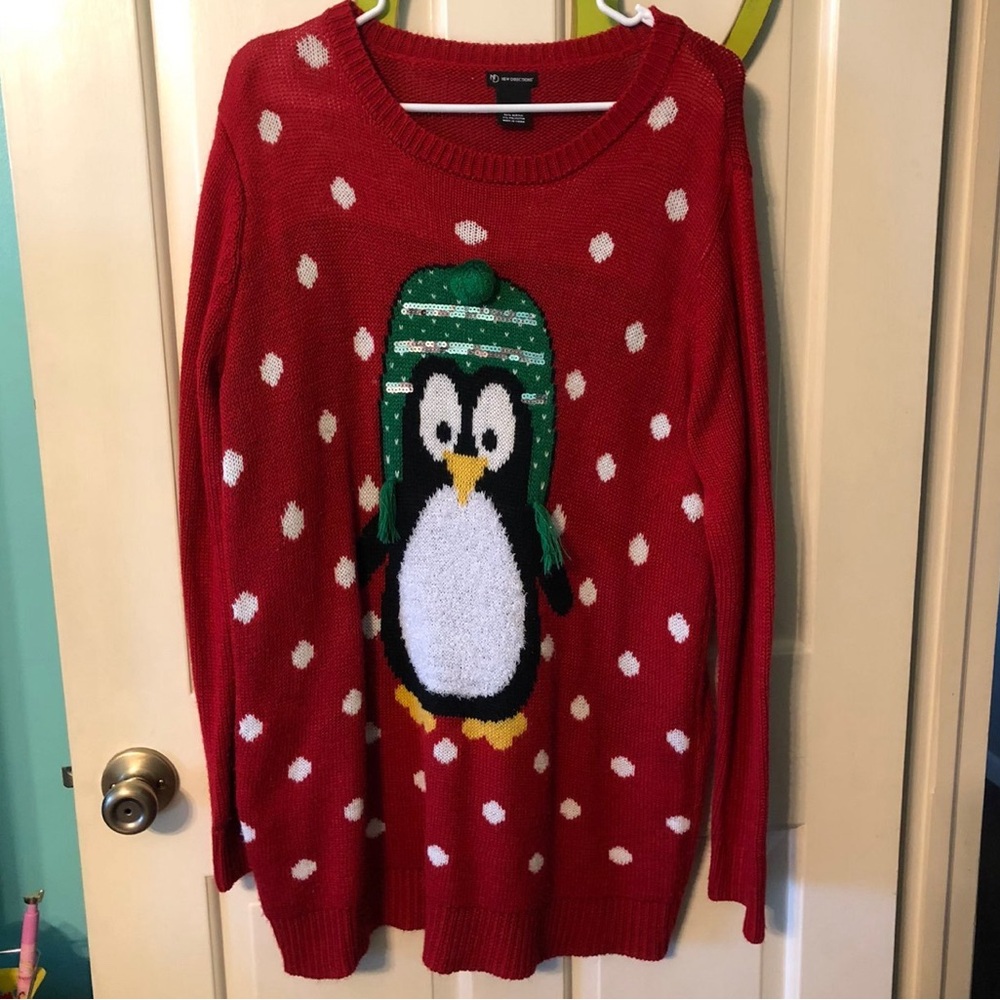 Red Polka Dot Penguin Sequin Ugly Christmas Sweater New Directions Size Large